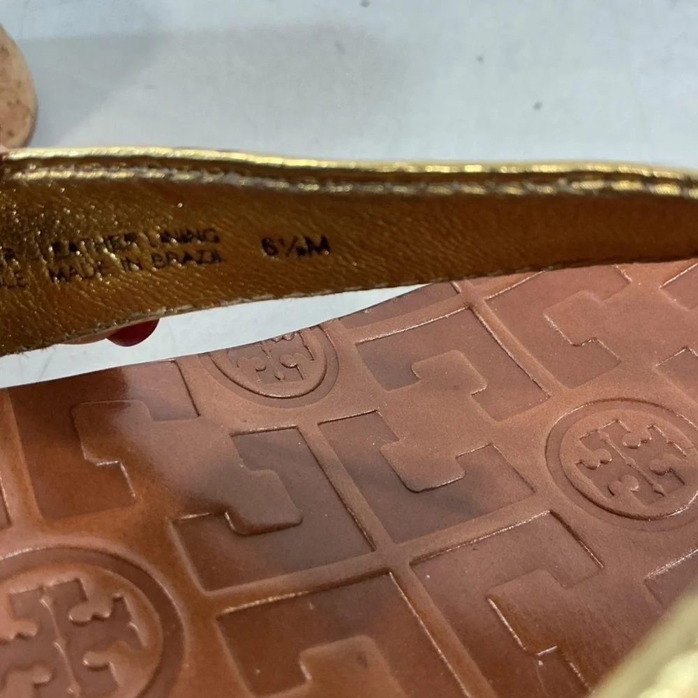 Women’s Tory Burch Gold Leather Thong Wedge Cork Platform Sandals Size 6.5M